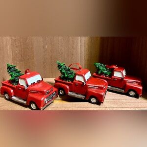 Set of 3 Red Truck with Tree Ornaments.